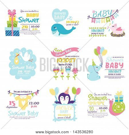 Baby shower design with cute woodland animals born arrival vector graphic. Party template vintage cute birth baby shower invitation. Welcome greeting baby shower invitation decoration celebration.