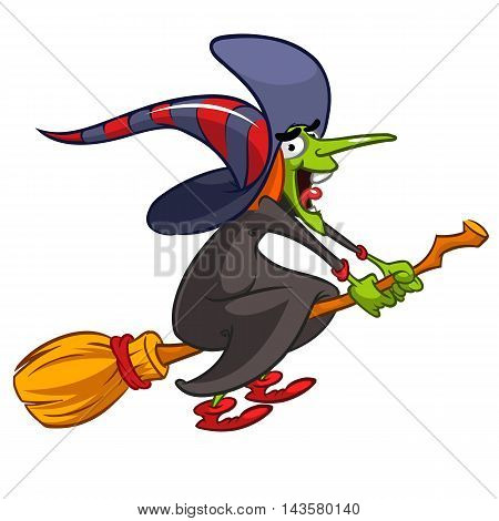 Cartoon witch flying on a broom. Vector Halloween illustration with a funny witch isolated on white