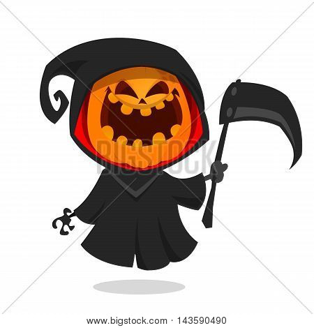 Cartoon pumpkin head monster icon. Vector pumpkin reaper with scythe isolated on white