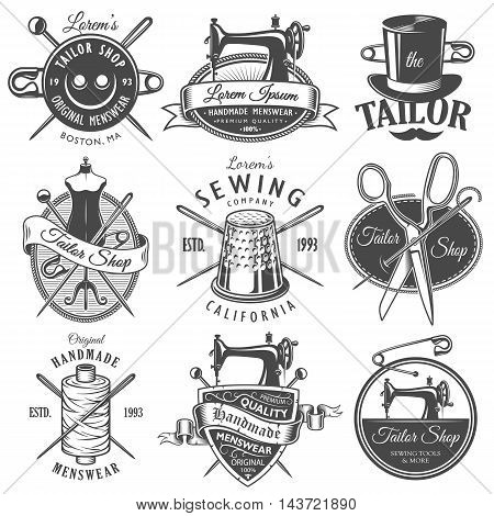 Set of vintage monochrome tailor emblems. Designer toolkit. Perfect for tailor, sewing companies and tailor shops logo, label, emblems and other signs