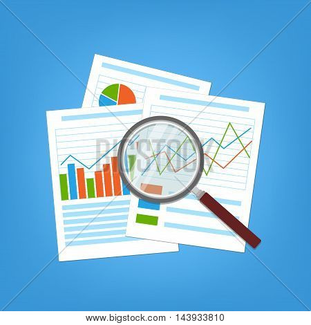 Concept for business planning and accounting, analysis, Financial Audit Concept, SEO analytics, tax audit, working, management. Paper analytic graphs and charts. Magnifying glass over the document.