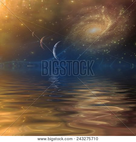 Surreal digital art. Parade of planets and spirals of time. Water surface and vivid galaxy. 3D rendering