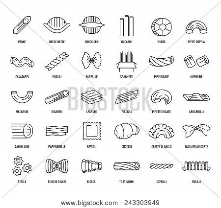 Macaroni Pasta Spaghetti Noodles Icons Set. Outline Illustration Of 30 Macaroni Pasta Spaghetti Nood