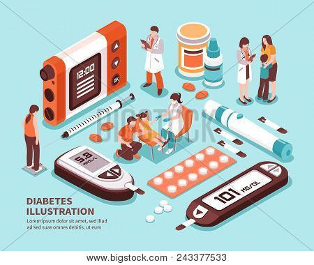 Diabetic Patient Life Isometric Composition With Diagnosis Sugar Level Tests Weight Control Diet Ins