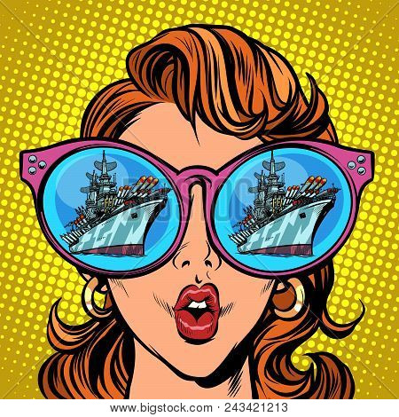 Woman With Sunglasses. Warship Battleship Cruiser In Reflection. Comic Cartoon Pop Art Retro Illustr