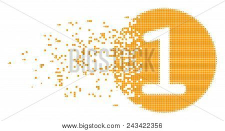 Dispersed One Coin Dotted Vector Icon With Disintegration Effect. Rectangular Pieces Are Arranged In