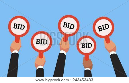 Businessman Buyers Hands Raising Auction Bid Paddles With Numbers Of Competitive Bidding Price. Auct