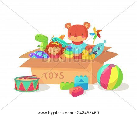 Cartoon Kids Toys In Cardboard Toy Box. Children Holiday Gift Boxes With Child Playthings. Plaything