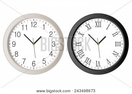 Realistic Wall Clock Set With Black Roman Numerals And White Clock-face Dial With Arabic Numerals. V