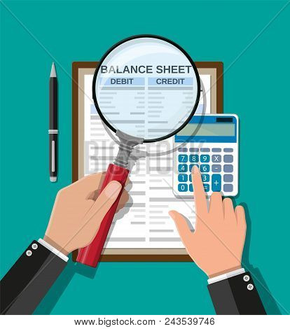 Accountant With Report, Calculator And Magnifying Glass Checks Money Balance. Financial Reports Stat