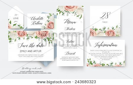 Wedding Floral Save The Date, Menu, Label, Table Number Card Big Vector Design With Creamy White Gar