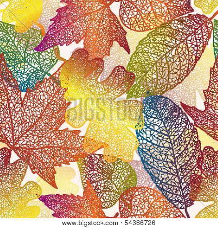 Autumn transparent maple leaves seamless pattern background.