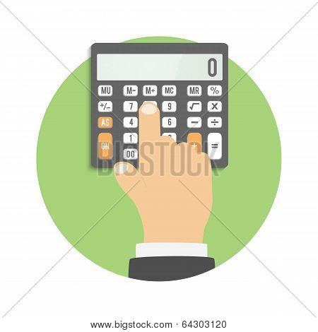 Calculator Icon. Hand Considers On The Calculator