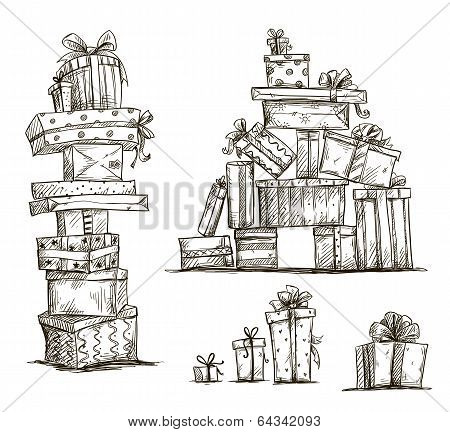 Piles of presents. Doodle heaps of gift boxes. Vector illustration.