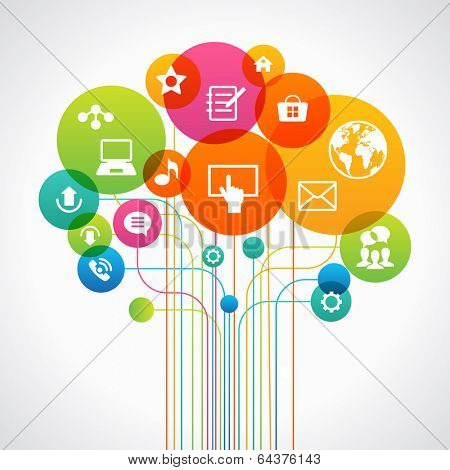 Abstract tree in the form of a global computer network. Social media concept. Communication in the global computer networks. Set of flat design concept icons for web and mobile services. 