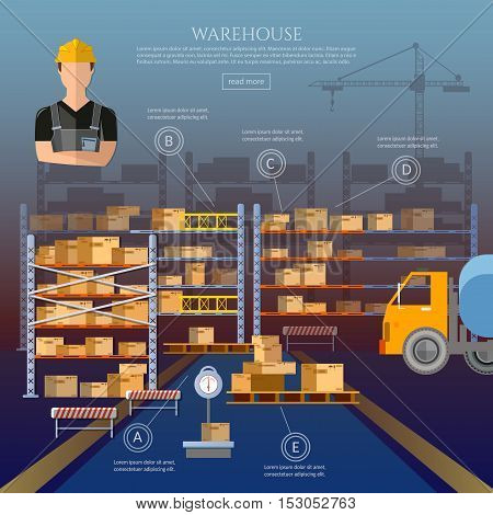 Warehouse cargo boxes storing at warehouse shipment of goods logistic storage shipment industry and manufacturing vector illustration