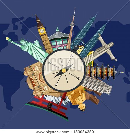 Worldide travel and tourism concept flat vector. Famous world buildings. World travel landmark and famous travel place. Vacation travel architecture in cartoon style. World travel background. Travel tour banner. Travel background for traveling agency.