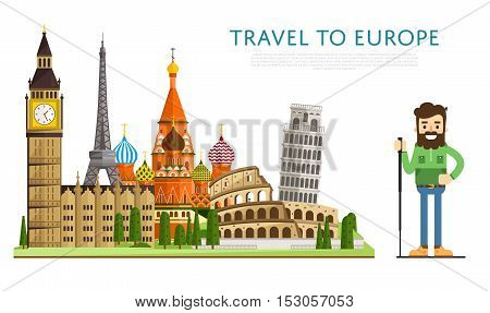 Welcome to Europe travel background. Europe travel landmark and famous travel place. World traveling concept flat vector. Famous Europe buildings. Europen architecture in cartoon style. Europe. World travel background. Travel banners. Travel to Europe