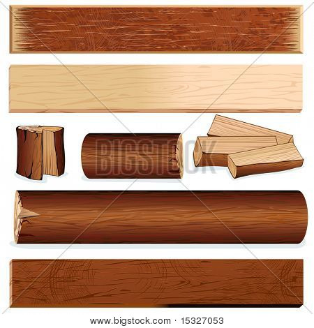 Vector isolated wooden objects for design, include log, plank, stump, firewood, slats, wood board and other carpenter  materials...