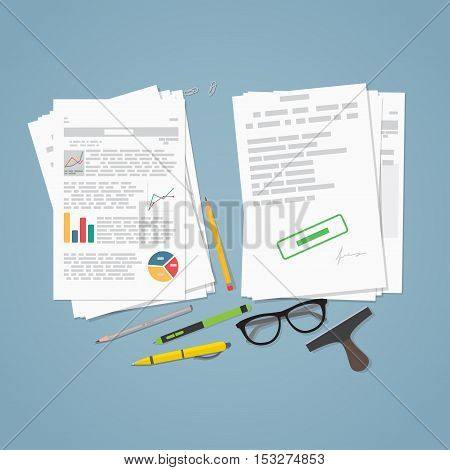 Heap of financial documents. Flat style vector illustration. Two piles of business report paper document and sheets. Stamp and pencils with glasses.