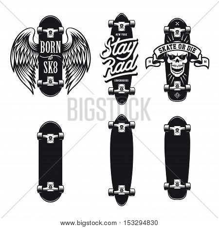 Skateboarding t-shirt design set. Quotes about skating. Born to sk8. Stay rad. Skate or die. Three types of skateboards. Vector vintage illustration.