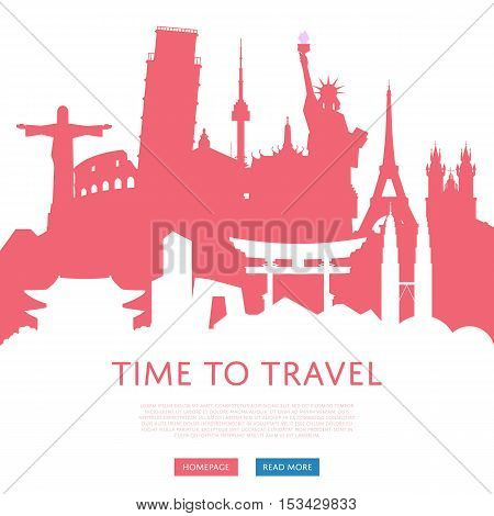 orld travel and tourism concept flat vector. Famous world buildings. World travel landmark and famous travel place. Vacation travel architecture in cartoon style. World travel background. Travel banners. Travel background for traveling agency. Travel.