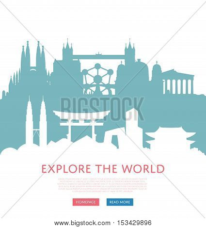 orld travel and tourism concept flat vector. Famous world buildings. World travel landmark and famous travel place. Vacation travel architecture in cartoon style. World travel background. Travel banners. Travel background for traveling agency. Travel.