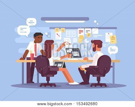 Work schedule, working environment. Successful team in office. Vector illustration