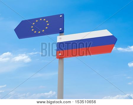 Disagreement: Russia And EU Road Sign Pointing In Opposite Directions 3d illustration