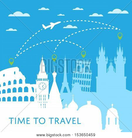 World travel and tourism concept flat vector. Famous world buildings. World travel landmark and famous travel place. Vacation travel architecture in cartoon style. World travel background. Travel banners. Travel background for traveling agency. Travel.