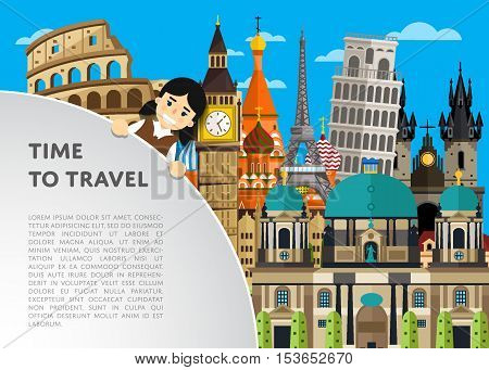 World travel and tourism concept flat vector. Famous world buildings. World travel landmark and famous travel place. Vacation travel architecture in cartoon style. World travel background. Travel banners. Travel background for traveling agency. Travel.