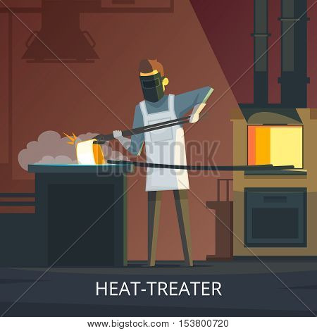 Blacksmith heat treating steel on anvil retro cartoon poster of hardening and tempering metalworking process vector illustration