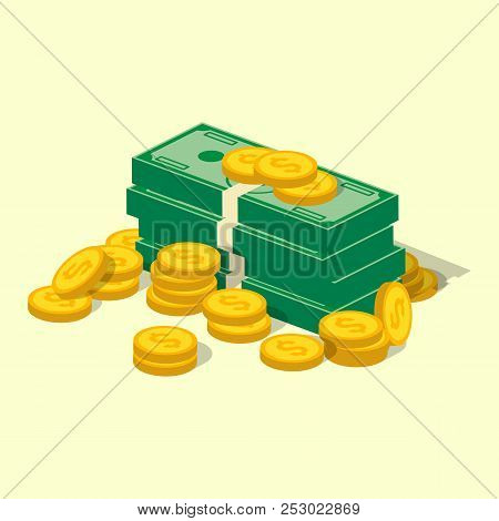 Objects Isolated On A White Background.various Money Bills Dollar Cash Paper Bank Notes And Gold Coi