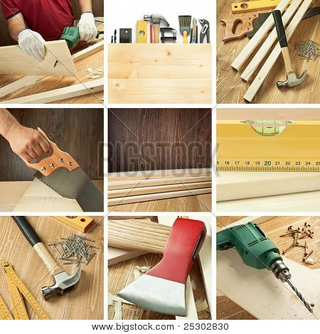 Carpentry tools, woodwork objects collage