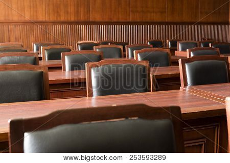 Table And Chair In The Courtroom Of The Judiciary.