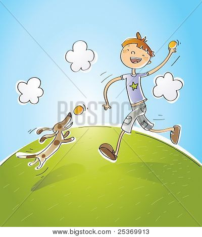 heureux enfant qui joue avec son chien dans le parc, illustration vectorielle