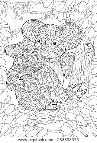 Coloring Page. Coloring Book. Colouring Picture With Koala Bears. Antistress Freehand Sketch Drawing