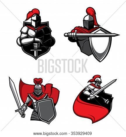 Knight Warrior With Sword, Helmet And Shield, Red Cape And Medieval Armour Isolated Vector Icons. Sp