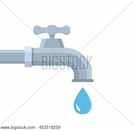 Water Tap. Water Faucet With Drop. Flat Tap With Pipe And Drip. Turn Spigot Of Flow. Icon For House,