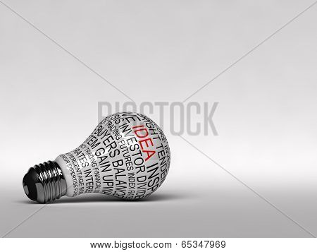 Single light bulb with business expressions on it highlighting the word idea