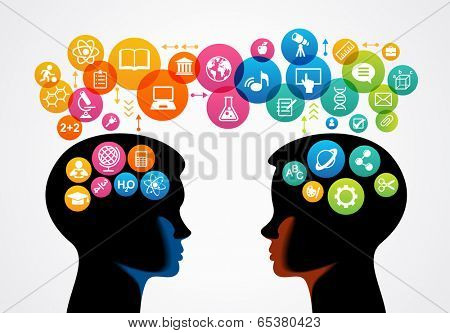 communication concept.  Profiles of two children surrounded by colored circles and icons of science and education.  The file is saved in the version AI10 EPS. This image contains transparency.