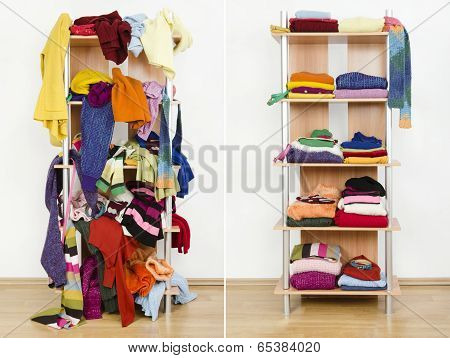 Before untidy and after tidy wardrobe with colorful winter clothes and accessories.