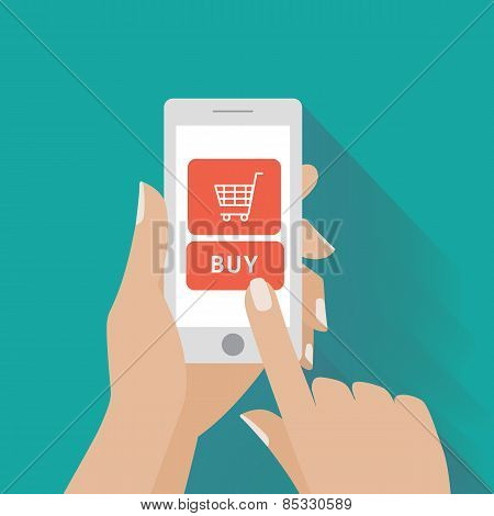 Hand holing smart phone with buy button on the screen