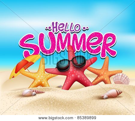 Hello Summer in Beach Seashore with Realistic Objects