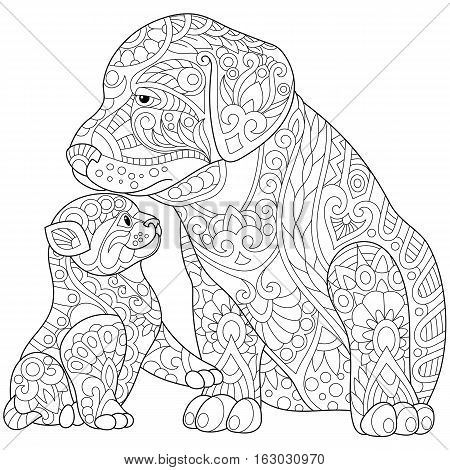 Stylized cute friends cat (young kitten) and labrador dog (puppy). Freehand sketch for adult anti stress coloring book page with doodle and zentangle elements.