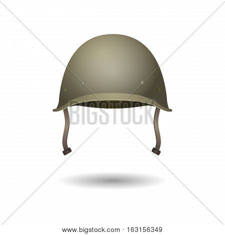 Military classical green helmet. US helmet infantry of Second World War. Front view. Metallic army symbol of defense. Army helmet isolated on white. War armor hat with leather tie. Vector illustration