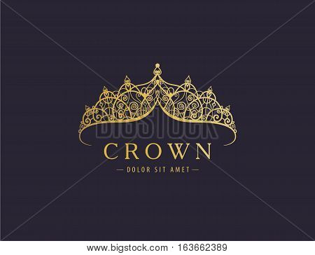 Abstract luxury, royal golden company logo icon vector design. Elegant crown, tiara, diadem premium symbol. Hand drawn lace jewelry, arabic, restaurant, hotel logotype.