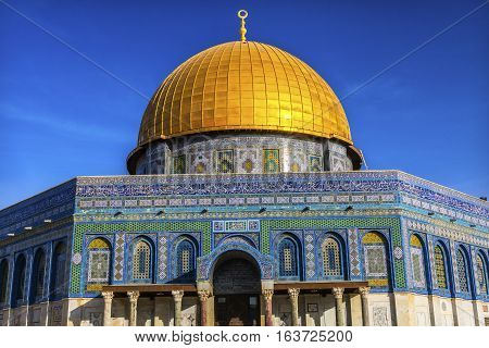 Dome of the Rock Islamic Mosque Temple Mount Jerusalem Israel. Built in 691 One of most sacred spots in Islam where Prophet Mohamed ascended to heaven on an angel in his 