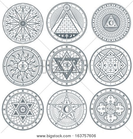 Mystery, witchcraft, occult, alchemy, mystical vintage gothic vector tattoo symbols. Mystical masonic symbols set illustration