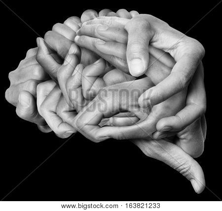 A human brain made ​​with hands, different hands are wrapped together to form a brain